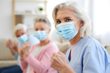 Obraz premium Healthcare Worker and Senior Citizens in a Line - Safety and Care Concept