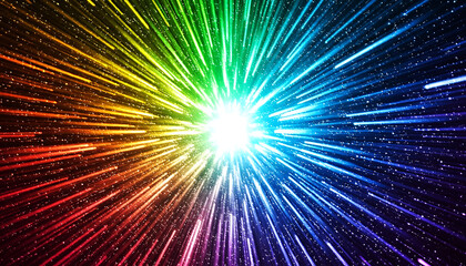 虹色に輝く光の爆発と宇宙空間の背景素材 カラフルなエネルギーバーストと放射状の閃光 多色のスペクトルが広がる幻想的な抽象グラフィック