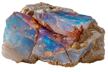Opal Specimen: A close-up shot showcases a striking opal specimen, revealing the gemstone's iridescent play-of-color within a matrix of raw stone, radiating with a spectrum of vivid hues.