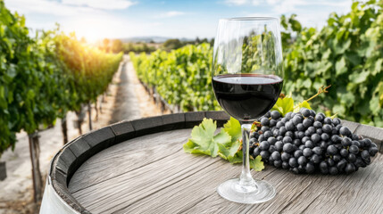 Red wine glass, fresh grapes, and oak barrel sitting in sunny vineyard rows for harvest and tasting