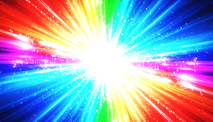 虹色に輝く光の爆発と宇宙空間の背景素材 カラフルなエネルギーバーストと放射状の閃光 多色のスペクトルが広がる幻想的な抽象グラフィック