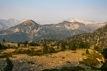 Sunrise panorama of the mountains, including Pic de Néouvielle, between Col de Portet and Refuge du Bastan