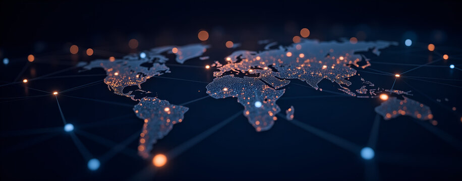 Digital world map with glowing connections and network nodes  