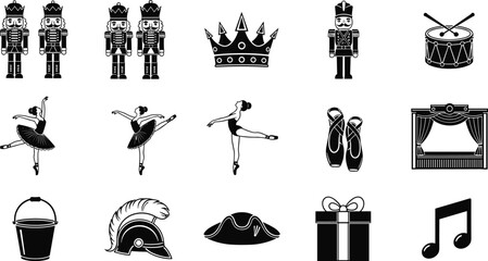 Nutcracker soldier and ballerina silhouette icon set with crown, drum, stage, shoes, gift, bucket, music note, holiday design © Sabbir's World