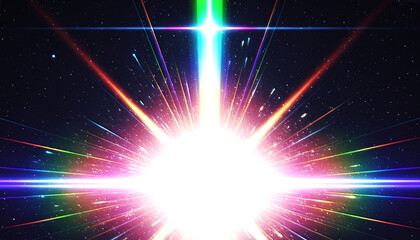 虹色に輝く光の爆発と宇宙空間の背景素材 カラフルなエネルギーバーストと放射状の閃光 多色のスペクトルが広がる幻想的な抽象グラフィック