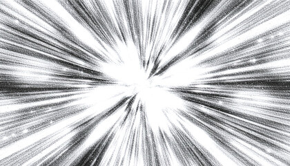 ザラザラした質感のモノクロ爆発効果と集中線 レトロなノイズが入ったスピード感のある白黒背景 グランジ風の衝撃的な星の光と粒子エフェクト