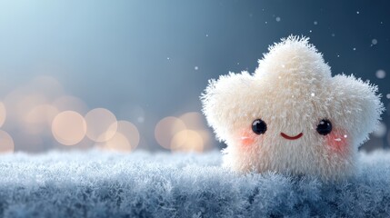 Fototapeta premium A cute, fluffy star character smiles against a snowy backdrop, evoking a whimsical and joyful atmosphere with soft bokeh lights, Christmas background with doodles