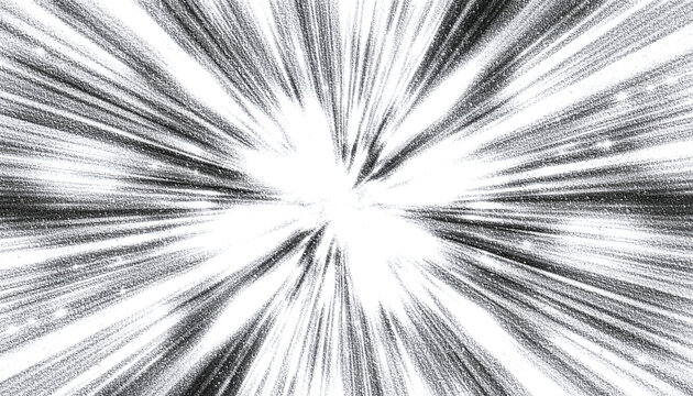 ザラザラした質感のモノクロ爆発効果と集中線 レトロなノイズが入ったスピード感のある白黒背景 グランジ風の衝撃的な星の光と粒子エフェクト