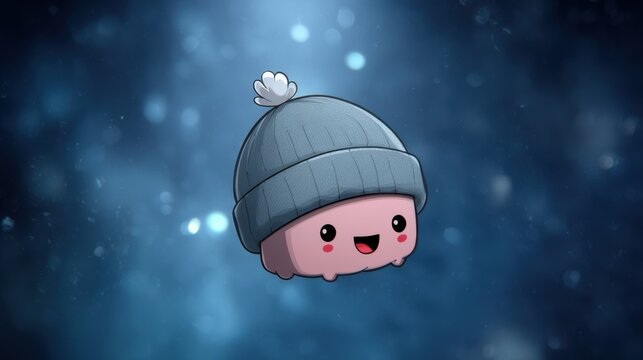 A cute, animated character resembling a pink blob, wearing a blue beanie, set against a soft, blurred blue background, Christmas background with doodles - Powered by Adobe