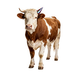 cow with horns wearing party hat