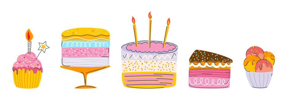 Cute birthday dessert set. Cake with candles, cupcake, cake on stand, chocolate slice cake and ice cream scoops in bowl. For party design, invitation, greeting card and kids decor. Vector illustration