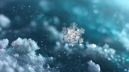A close-up image of a delicate snowflake floating above a snowy surface, surrounded by a shimmering, icy blue background, Christmas background with doodles