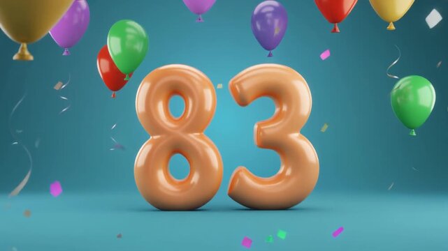 Number 83 surrounded by balloons. Festive video for birthday or anniversary party