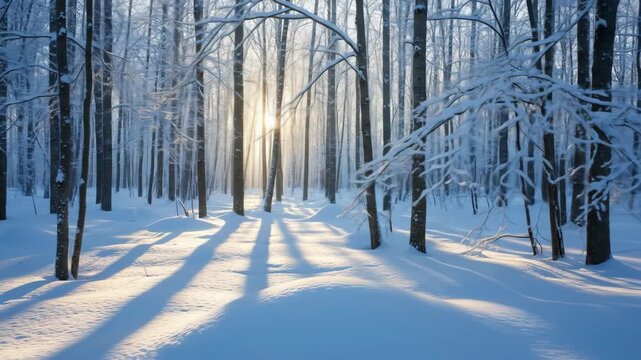 Enchanting Winter Forest Scenery with Sunlight Streaming Through Snowy Trees Landscape