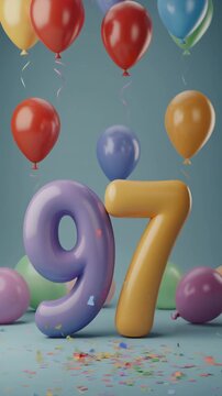 Number 97 surrounded by balloons. Festive video for birthday or anniversary party