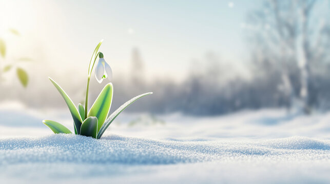 A delicate snowdrop flower emerging from a snowy landscape.