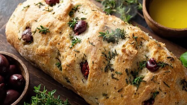 A beautifully golden, freshly baked artisan bread, generously adorned with dark, ripe olives, aromatic fresh herbs like thyme and rosemary, and sprinkled with coarse sea salt. Delicate wisps of steam 
