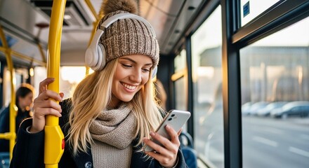Smiling young woman wearing a knit hat and headphones while commuting on a bus. She is using her smartphone