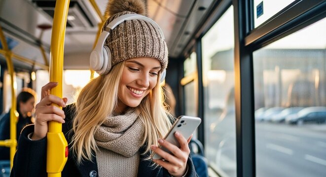 Smiling young woman wearing a knit hat and headphones while commuting on a bus. She is using her smartphone