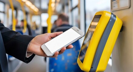 Man using smartphone to tap payment device in public transport  