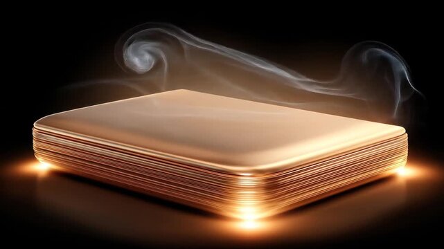 A stack of metallic plates emitting light, with wisps of smoke against a dark background