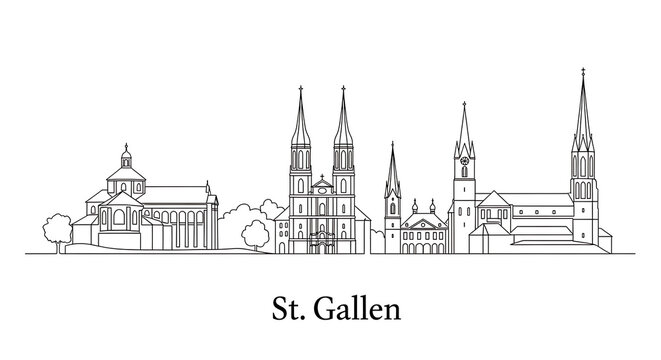 Minimal travel line art illustration of the St Gallen skyline, clean continuous outlines highlighting historic architecture, modern city identity design for tourism, culture, and European destination 