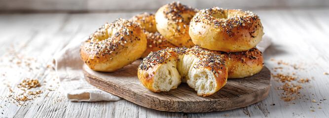 Creative food template. Everything bagel bread roll, mix of seeds and seasonings. freshly baked on serving board and linen napkin, rustic wooden table. copy text space. Long banner