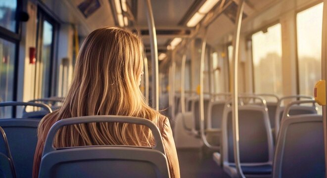 Woman sitting alone on public transportation during sunset