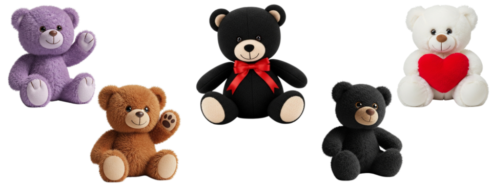 Collection of toy teddy bears in various shades of pink, all similarly posed in a sitting position. They feature a visible sewn seam design.

