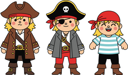 Cartoon Pirate Characters in Colorful Costumes for Kids Entertainment, Adventure Theme, Educational Design, Storytelling, and Creative Illustration Concepts