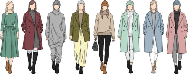 Trendy winter fashion illustration of stylish women in coats, sweaters, and hats, modern outfit vector design for fashion collection