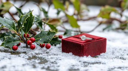 A diamond ring in a red box surrounded by holly and snow.