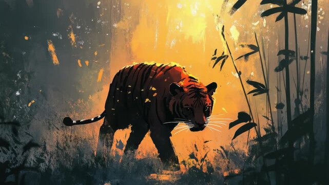 Video A tiger walks through the dense foliage of a jungle, its stripes blending with the surroundings