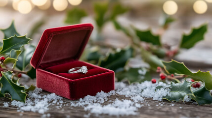 A diamond ring in a red velvet box surrounded by holiday decor.