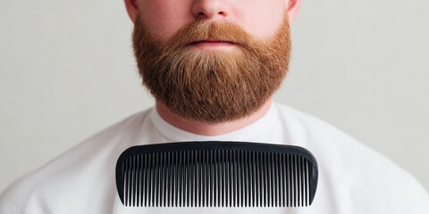 Small business branding mockup, A man with a well-groomed beard is shown, holding a comb against a plain background, highlighting personal grooming and style.