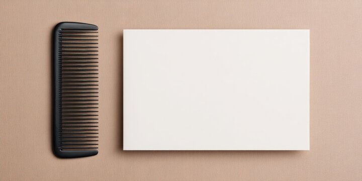 Small business branding mockup, A minimalist arrangement featuring a comb and a blank card on a textured surface, emphasizing simplicity and design.
