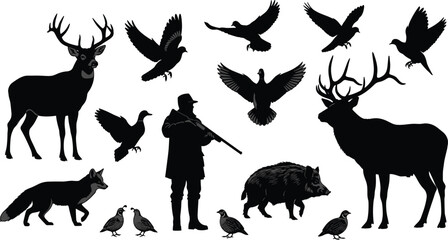 Wildlife hunting silhouette collection featuring deer, hunter, fox, boar and flying birds in detailed black vector design for outdoor themes