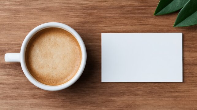 Small business branding mockup, A cozy coffee cup next to a blank card on a wooden surface, complemented by a touch of greenery, perfect for branding or personal notes. - Powered by Adobe