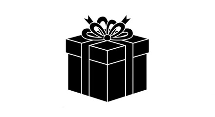 Obraz premium A simple black silhouette of a gift box with a bow on top presented in an isometric perspective on a white background
