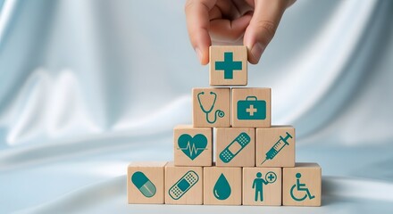 Building a foundation for health and wellness with wooden blocks showing medical icons, offering hope and care in a playful, supportive way