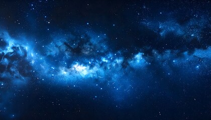 Fototapeta premium Captivating cosmic scene of a blue nebula and galaxy with bright stars and glowing dust against the deep black of outer space.