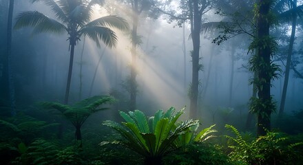 Sunlight piercing through the misty rainforest canopy, creating a magical atmosphere.