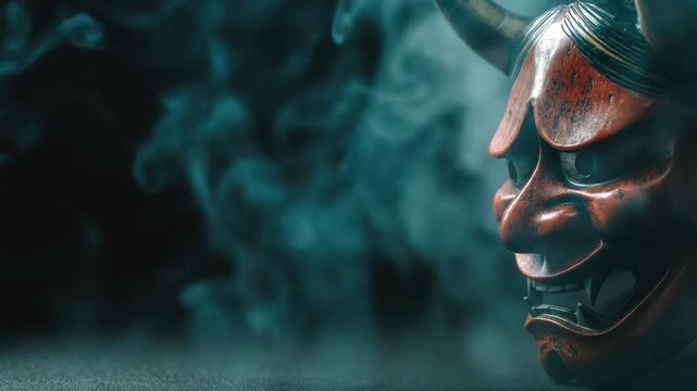 A close-up shot of a red and black Japanese demon mask, half-obscured by ethereal blue smoke