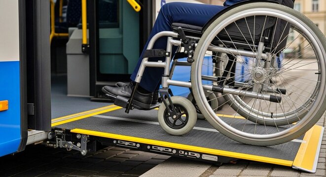 Wheelchair user accessing a public bus via a deployed low-floor ramp, highlighting accessibility and inclusive urban transport