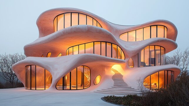 Exterior view of a modern organic shaped building with curved windows and stairs