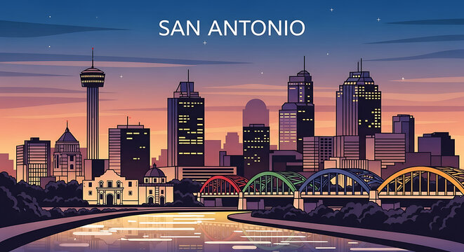 San Antonio Urban Skyline Vector Illustration Featuring Texas Cityscape, Iconic Landmarks, Historic and Modern Architecture, and Panoramic City Horizon for Travel, Tourism, and Creative Design Project