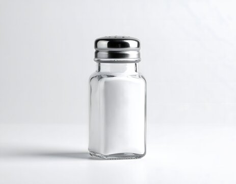 A standard glass spice shaker filled with white powder (e.g., salt or sugar), topped with a silver metal lid, isolated on a white background. - Powered by Adobe