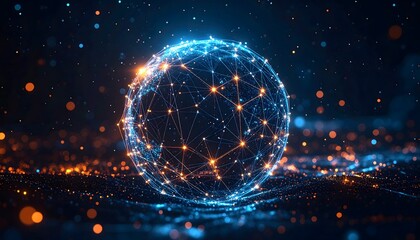 Abstract 3D network sphere or digital globe formed by glowing blue and orange particles and connected lines against a dark background. Technology concept.