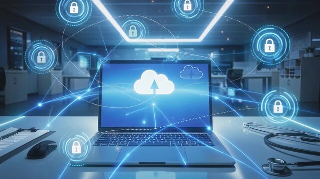 Laptop with secure cloud medical data system, encrypted access, privacy protection, identity verification, digital health record management, cybersecurity controls, workflow monitoring.