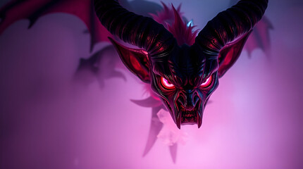Closeup of a menacing, dark fantasy demon or devil creature with glowing red eyes and large horns emerging from thick purple or pink mist or smoke, creating an eerie and mysterious atmosphere
